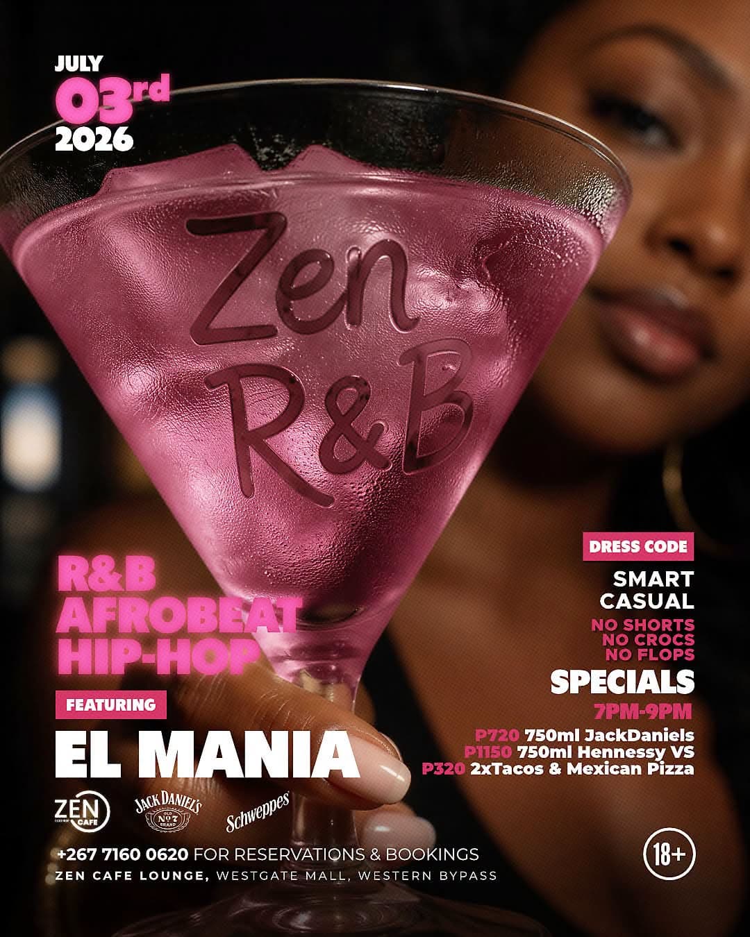 Zen R&B event flyer for July 3rd, 2026 at Zen Cafe Lounge, featuring El Mania.