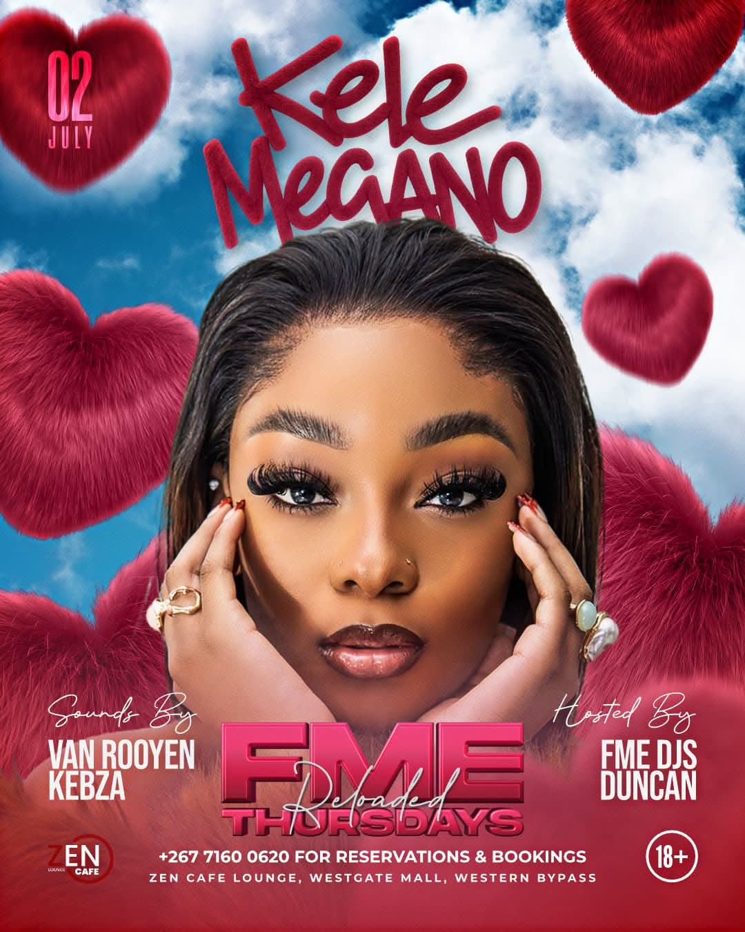 FME Reloaded Thursdays event flyer for July 2nd at Zen Cafe Lounge, featuring Kele Megano.