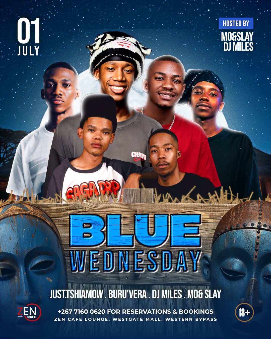 Blue Wednesday event flyer for July 1st at Zen Cafe Lounge, hosted by Mo&Slay and DJ Miles.